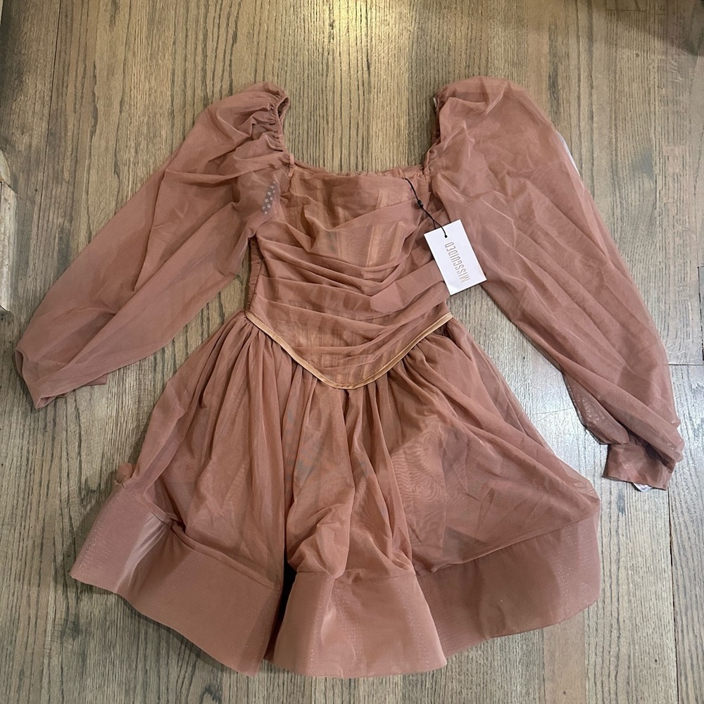 Misguided Draped Tulle Balloon Sleeve Skater Dress-Size 4-NWT-Taupe